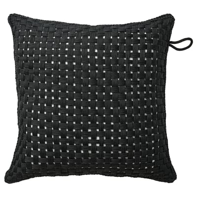 Black, square outdoor cushion with woven pattern and loop.