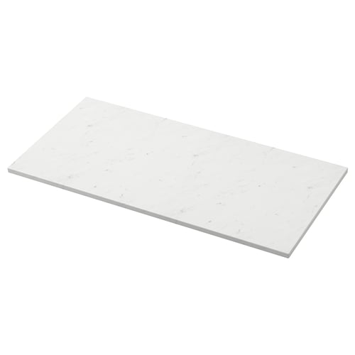 A TOLKEN white marble-patterned countertop with sleek edges, made from fibreboard with a melamine and plastic foil finish.
