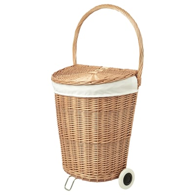 Wicker laundry hamper with handle, beige, natural fibres, cylindrical, wheeled bottom.
