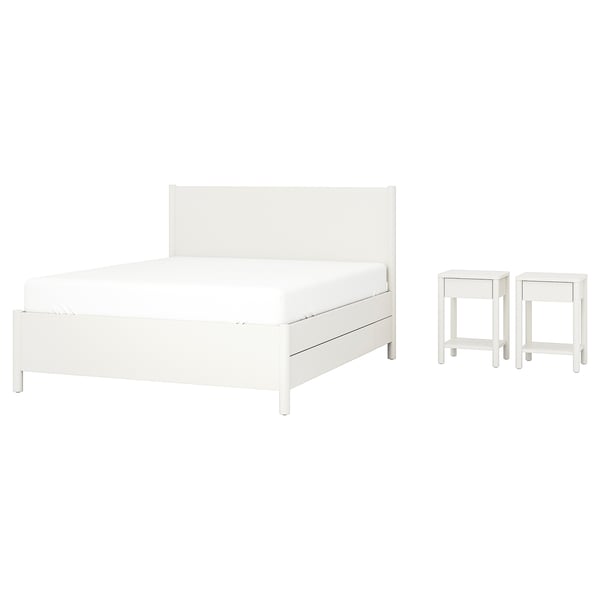 White TONSTAD bedset: queen bed with storage, two nightstands, clean modern design.