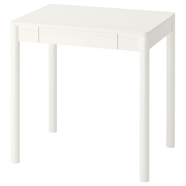 A TONSTAD series white desk with a drawer. It has a square top, four cylindrical legs, and a classic off-white design. Perfect for small spaces.