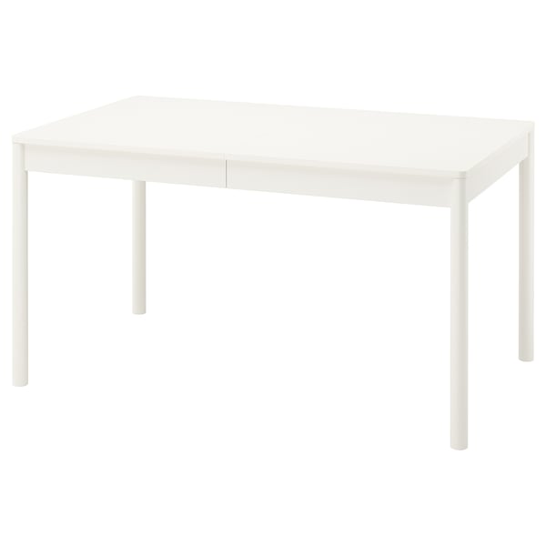A white TONSTAD dining table with a classic design. It a smooth melamine top and sturdy wooden legs, seating 4 to 6 people with an extendable leaf.