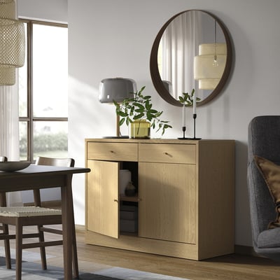 TONSTAD oak sideboard, modern rectangle with 2 doors & drawers, medium size.