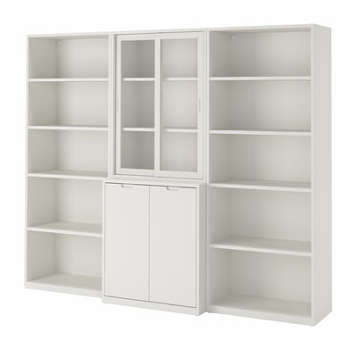 Off-white TONSTAD storage unit with shelves, cabinets, and sliding glass doors.