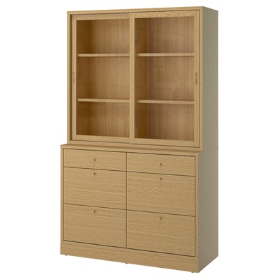 TONSTAD oak cabinet; glass doors, four drawers. Timeless design, soft-close drawers.