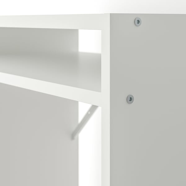 A section of a white desk with adjustable shelving, featuring sturdy chrome screws.