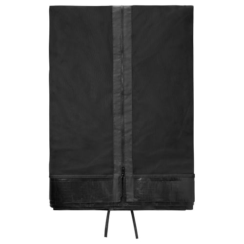 Black mesh net parasol cover with zip and straps for outdoor protection.