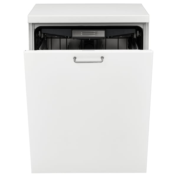 White dishwasher open. Silver handle and racks. Shows clean interior. Space for large items. Modern design.