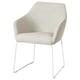 A TOSSBERG chair in light grey fabric with white legs. It padded seating, a supportive back, and armrests for comfort.