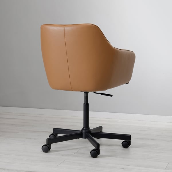 Brown leather swivel chair with cushioned seat and high back, adjustable height, on five casters for easy movement.