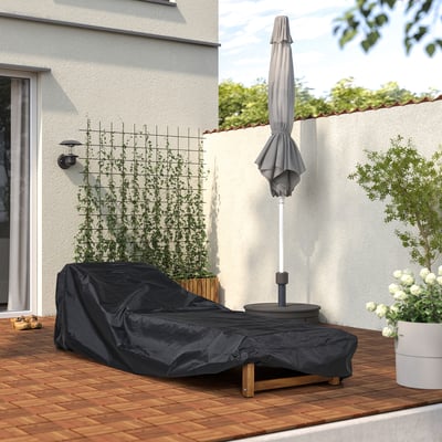 Patio furniture set with a protective cover, featuring a closed umbrella and a potted plant.