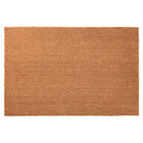 A rectangular brown TRAMPA doormat made of coir and jute, designed to be durable and easy to clean.