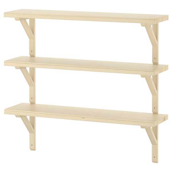 A TRANHULT light-colored wooden wall shelf with three tiers. It a simple, practical design ideal for wall storage and displaying items.
