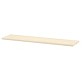 A TRANHULT wall shelf in natural wood colour. Its rectangular, made of solid aspen, and has a simple design with bevelled and smooth edges.