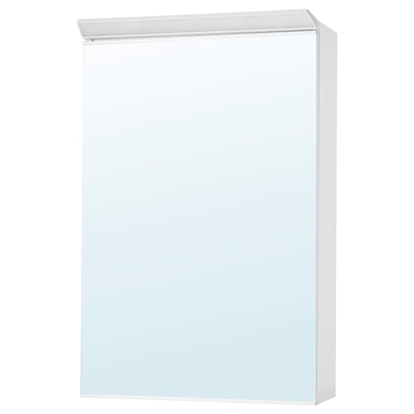 A white TREASJÖN mirror cabinet with led lights, shelf, ideal for bathroom organisation.