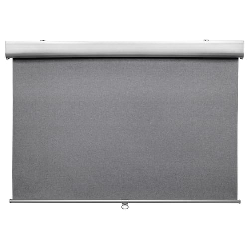 Grey TRETUR roller blind, cordless, block-out fabric, fits inside/outside window or ceiling, soft close.