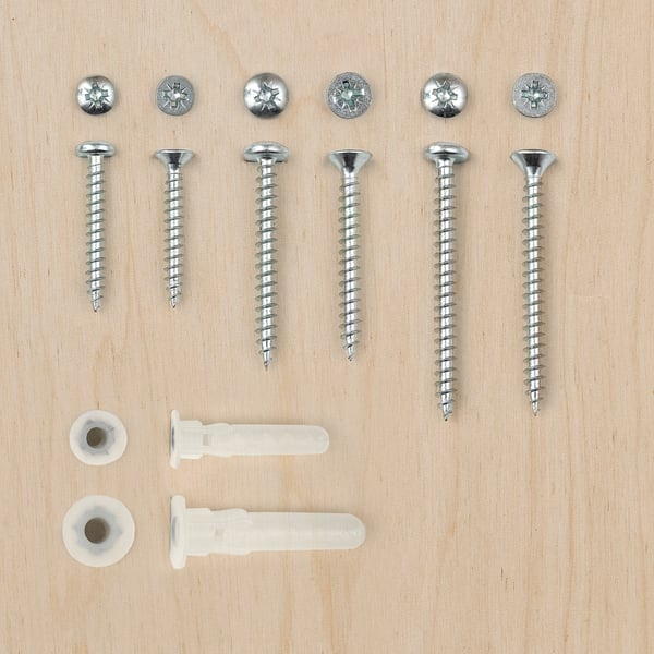 TRIXIG screws and wall plugs in box, assorted sizes and types, silver and white, diverse shapes, organised design.