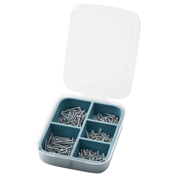 Open blue plastic toolbox with screws in compartments.