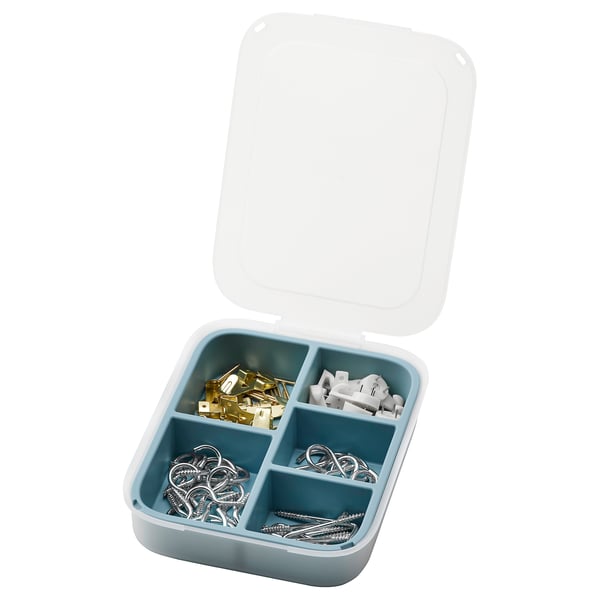 Blue plastic tool box with compartments, holding hooks, nails, and chains. Includes clear lid, square shape.