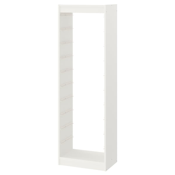 A white TROFAST frame, rectangular, made from particleboard with plastic edging. Its a high unit designed for vertical storage.