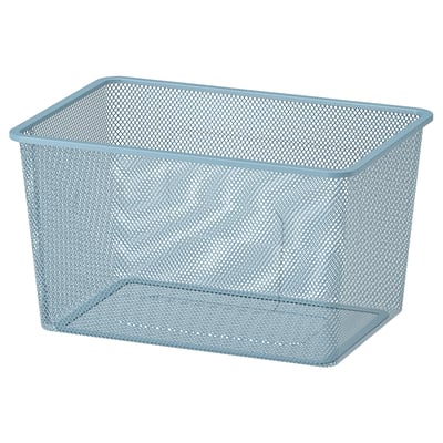 Light blue TROFAST mesh storage box, rectangular grid design, steel with powder coating.