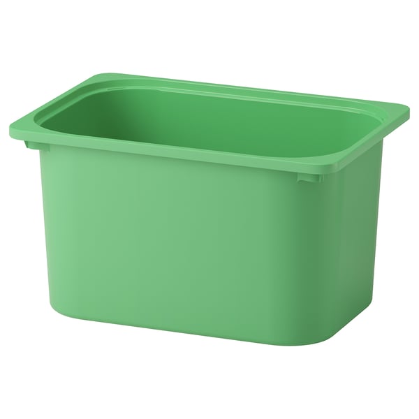 A green TROFAST storage box made of durable recycled plastic, designed for toys and books.
