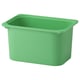 A green TROFAST storage box made of durable recycled plastic, designed for toys and books.