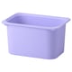 Displays a single, light purple plastic storage bin, rectangular and sturdy, suitable for organising toys or other items.