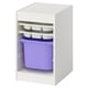An ikea TROFAST white storage unit with purple and blue plastic containers and white mesh trays.