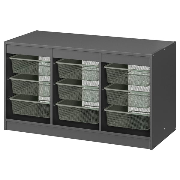 A gray TROFAST storage unit with multiple mesh storage boxes for organizing items.