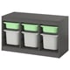 TROFAST storage unit: grey frame, green & white bins, modular design.