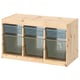 Displays a TROFAST storage unit in natural wood with blue mesh baskets, offering versatile and customizable storage.