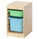 TROFAST kids storage unit in natural wood with blue and green containers.