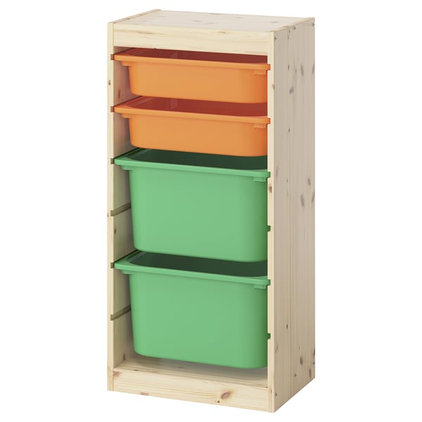 TROFAST storage unit with orange and green bins, light wooden frame.