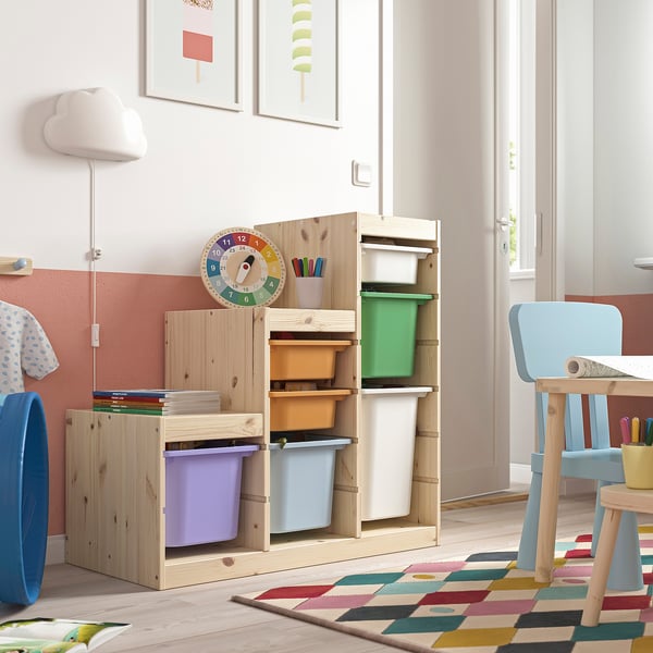 TROFAST Storage combination with boxes, light white stained pine/multicolour, 99x44x91 cm