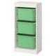 An ikea TROFAST white storage unit with green plastic bins. Its rectangular, multi-shelf designed for organizing childrens items.