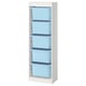 A white TROFAST storage unit with five blue removable containers. The unit is tall and slim, designed for organising childrens toys.