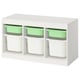 TROFAST white kids organiser with 6 green/gray bins.
