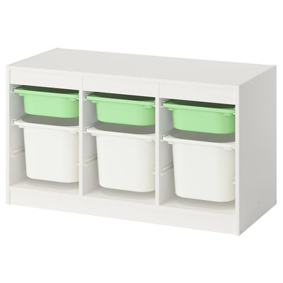 TROFAST white kids organiser with 6 green/gray bins.
