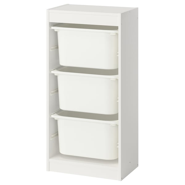 A white TROFAST storage unit with three removable bins, designed for childrens toy storage.
