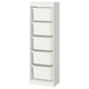 A white TROFAST storage unit with five pull-out plastic bins, organized vertically for space-saving and accessible storage.