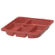 Red plastic storage tray with six compartments, perfect for organising small items.