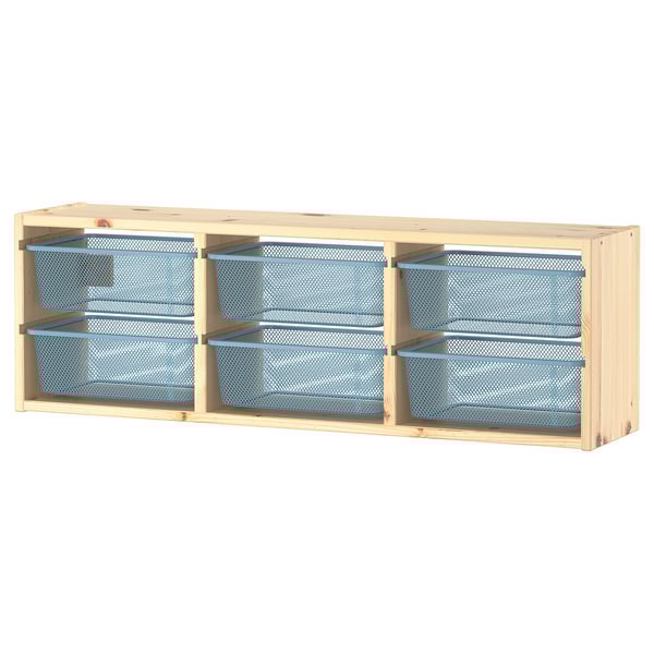 A TROFAST wooden wall storage unit with blue mesh drawers. It has a rectangular design with three columns and four rows of drawers.