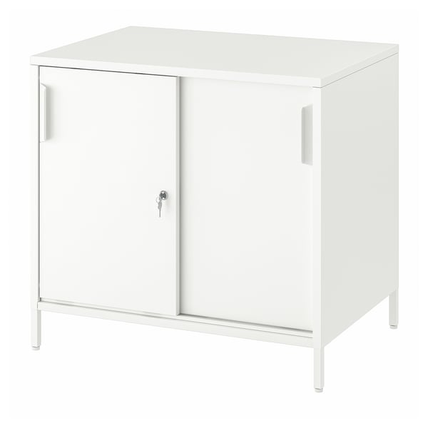 A white TROTTEN double-sided cabinet with sliding doors, ideal for space division. It adjustable shelves and feet for stability on uneven floors.