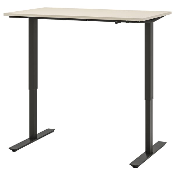 A TROTTEN adjustable desk in beige with black legs, featuring a crank handle for height adjustment.