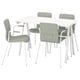 Modern white dining set with four grey fabric chairs and square table, sleek and minimalist design.