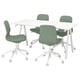 Modern white office table with four green fabric swivel chairs.