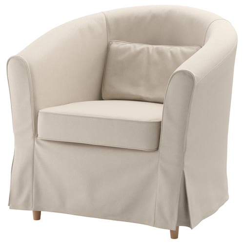 TULLSTA chair, beige, rounded shape, armrests, upholstered fabric.