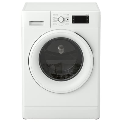 Front-loading washing machine and dryer combo. White, sleek design with control panel and large glass door.