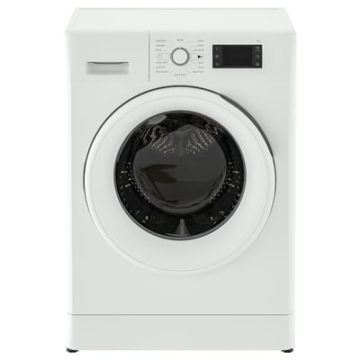 A white UDDARP front-loading washing machine with a digital control panel and a drum ready for laundry.